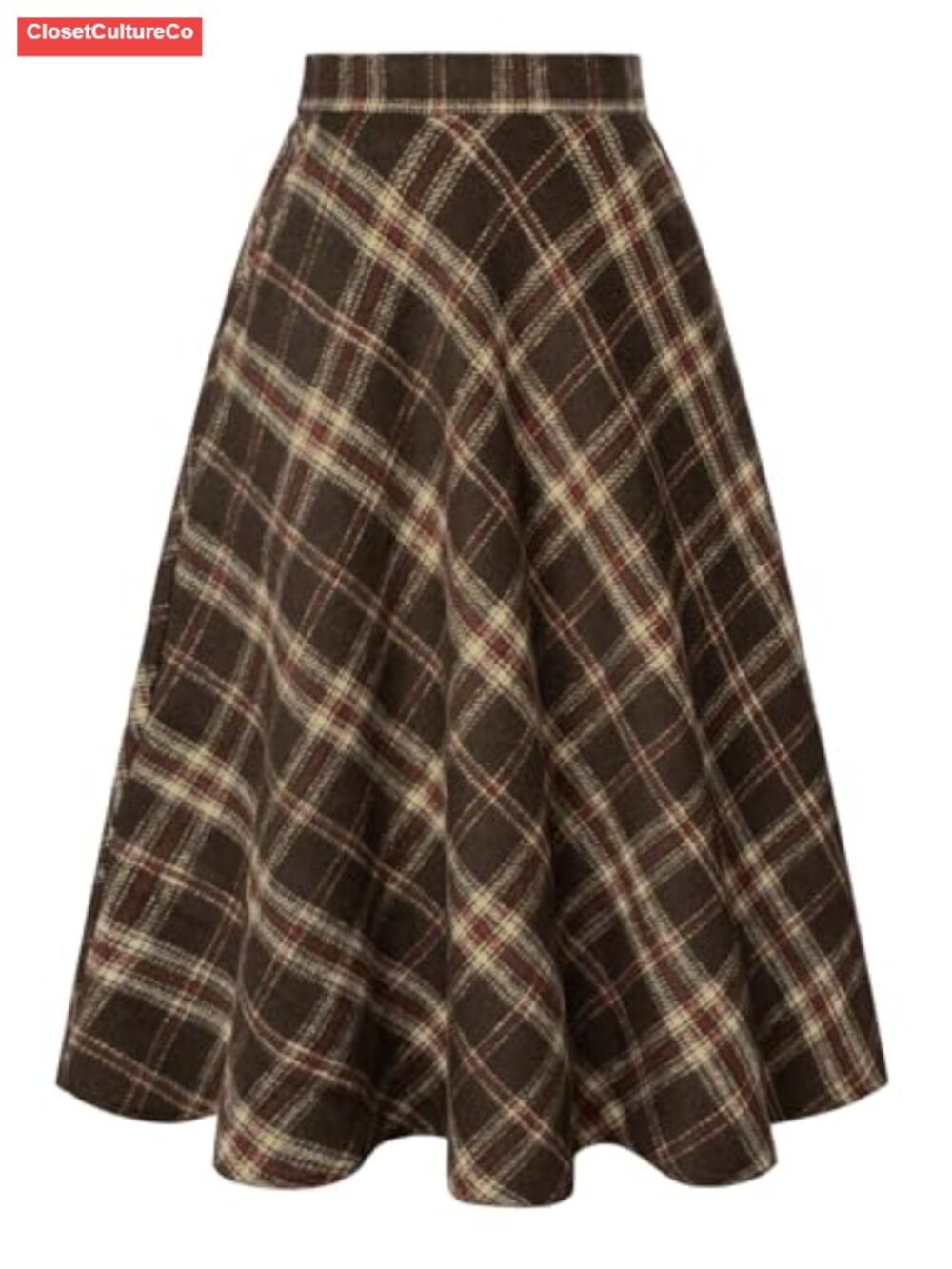 Plaid Midi A-Line Skirt with Pockets & Elastic Waist